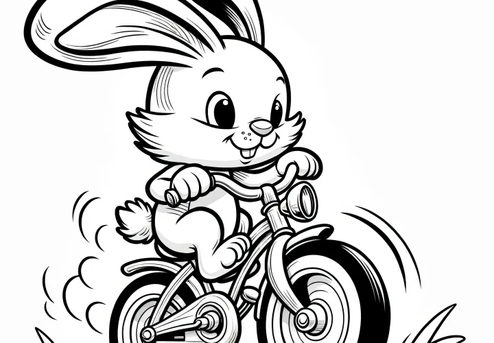 Easter bunny racing on a bicycle: Coloring picture for printing (Free)