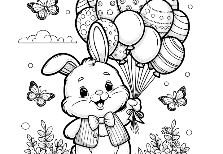 Élégant lapin de Pâques avec des ballons et des papillons : modèle de coloriage à télécharger (gratuitement)