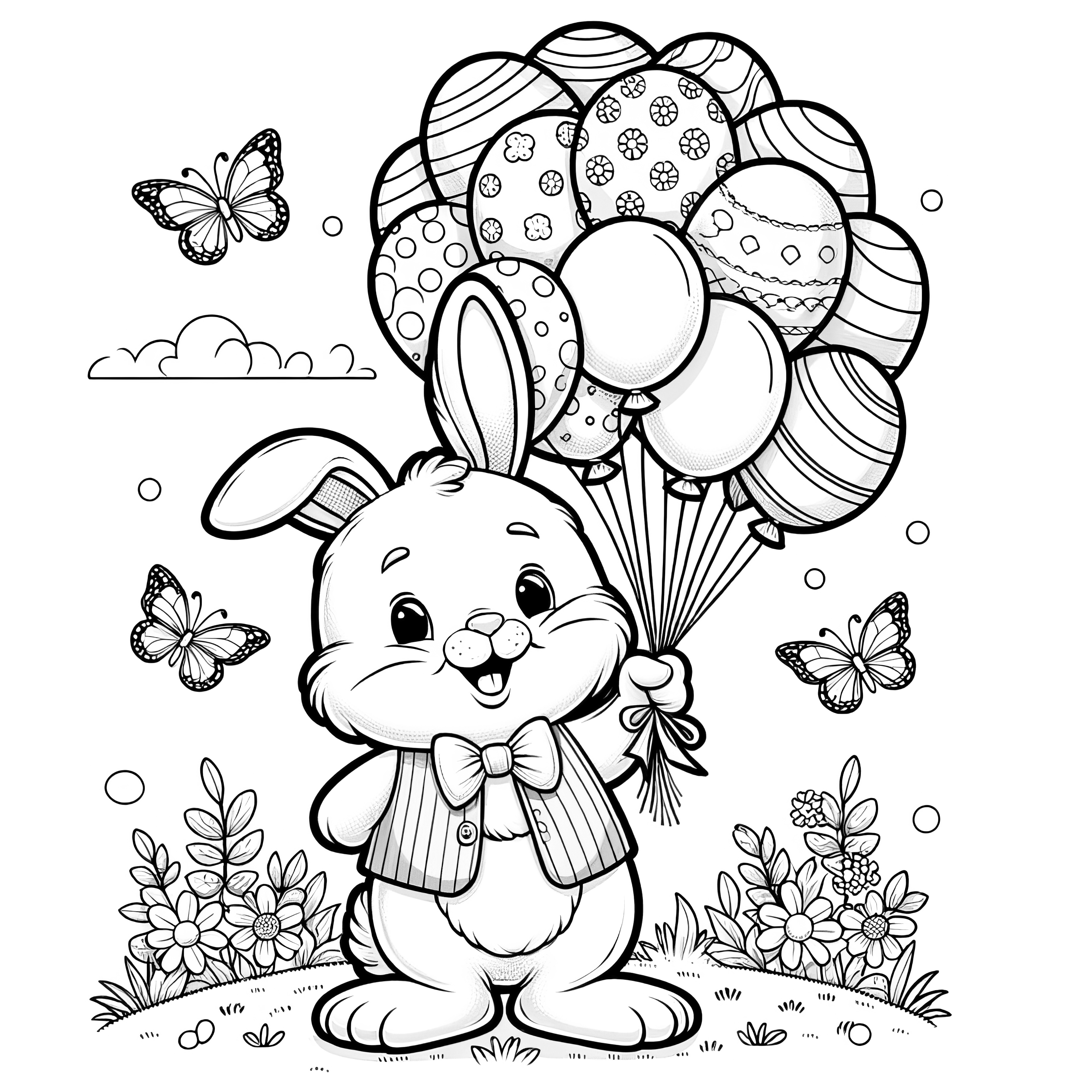 Joli lapin de Pâques avec des ballons et des papillons : Coloriage à télécharger (Gratuit)