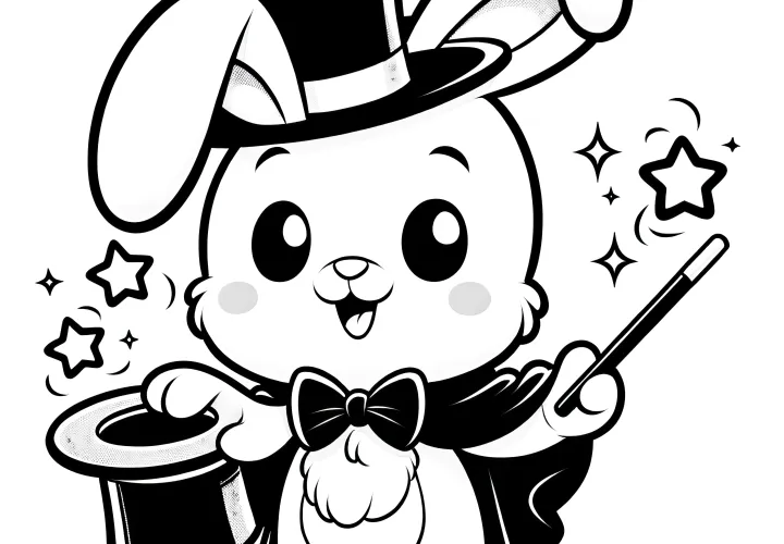 Lapin de Pâques avec baguette magique et chapeau de magicien : Coloriage magique (gratuit)