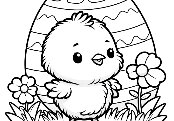 Download happy chick with Easter egg and flowers: coloring page for free