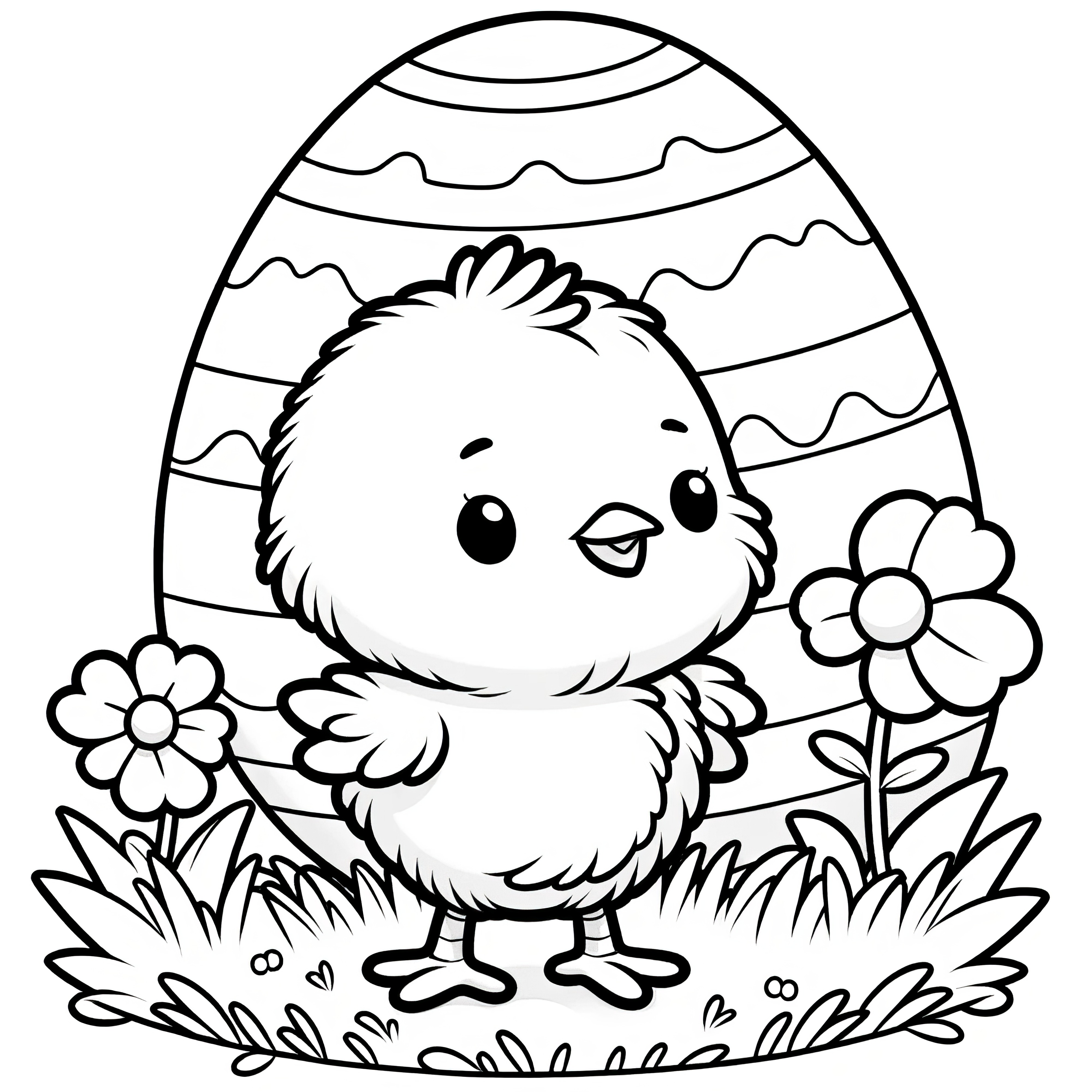 Descarga gratuita de la plantilla para colorear de un pollito alegre con huevo de Pascua y flores