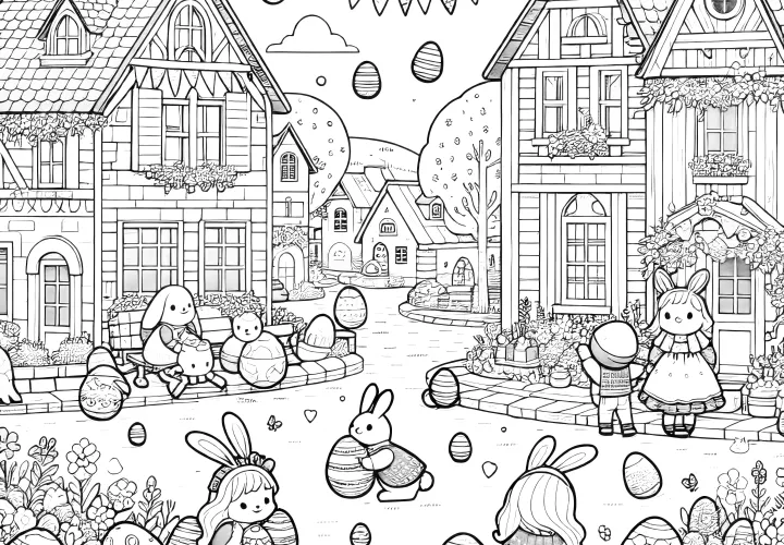 Great Easter egg hunt in the village: Download coloring page for free