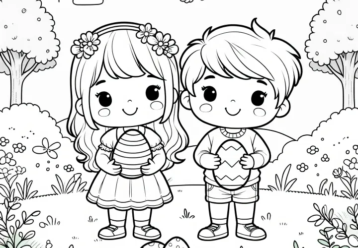 Boys and girls find Easter eggs: coloring page available for free download