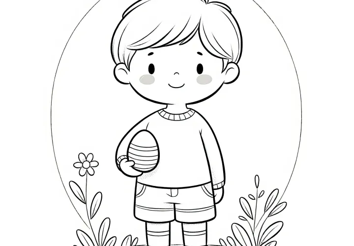 Little boy holds Easter egg under his arm: Coloring page free for download