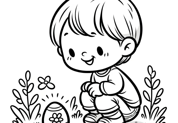 Laughing child finds Easter egg: Free coloring picture for download (Free)