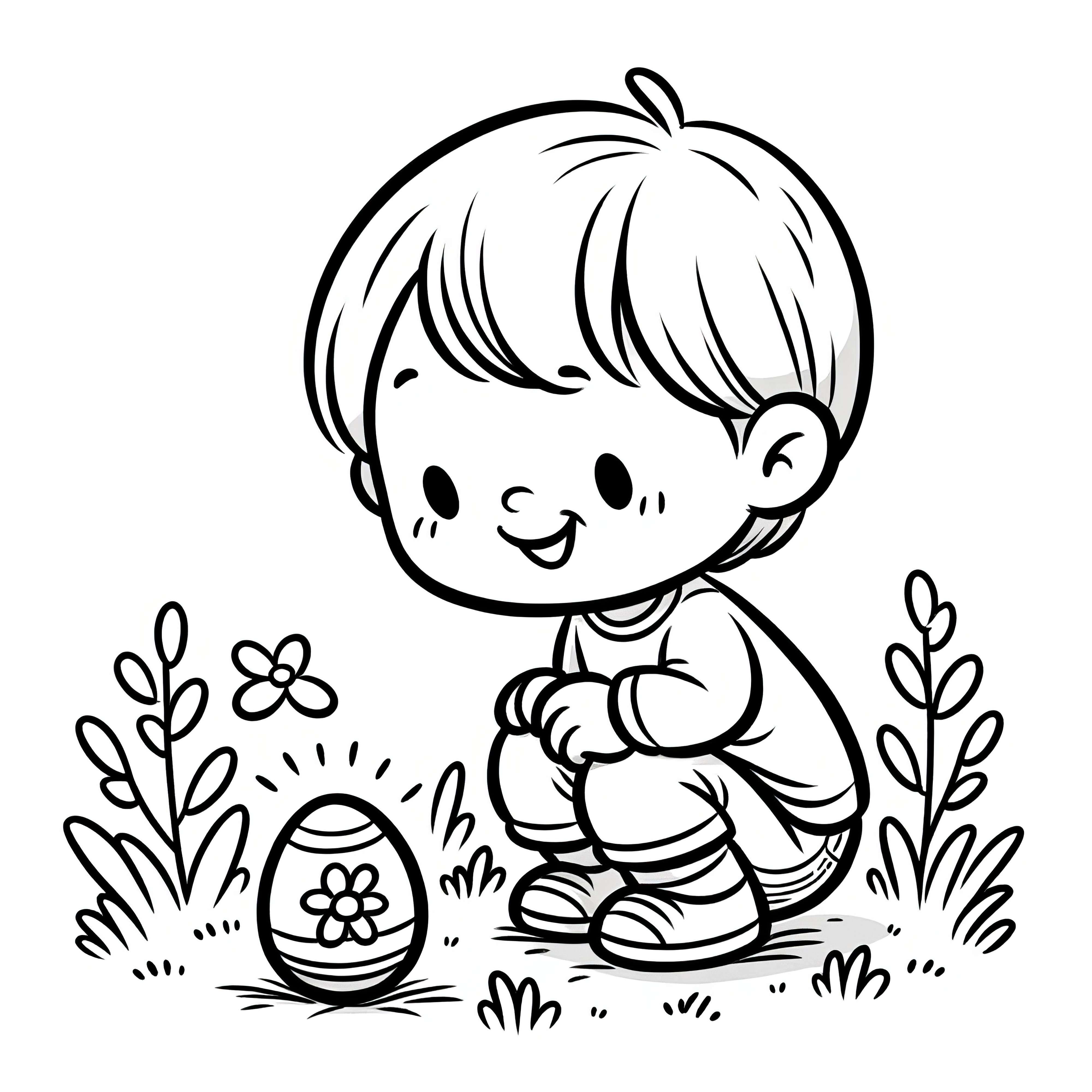 Niño riendo encuentra huevo de Pascua: Imagen para colorear gratuita para descargar (Gratis)