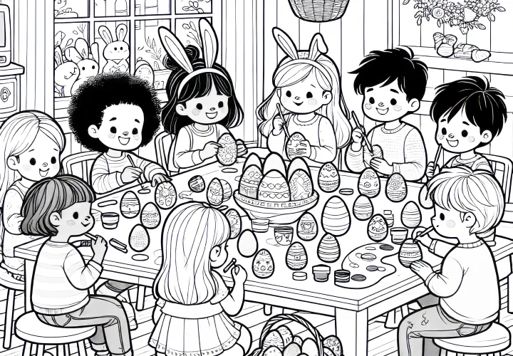 Children coloring Easter eggs at the table: Coloring template for download (free)