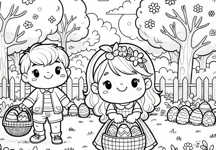 Two children searching for Easter eggs in the garden: Coloring page to print (Free)