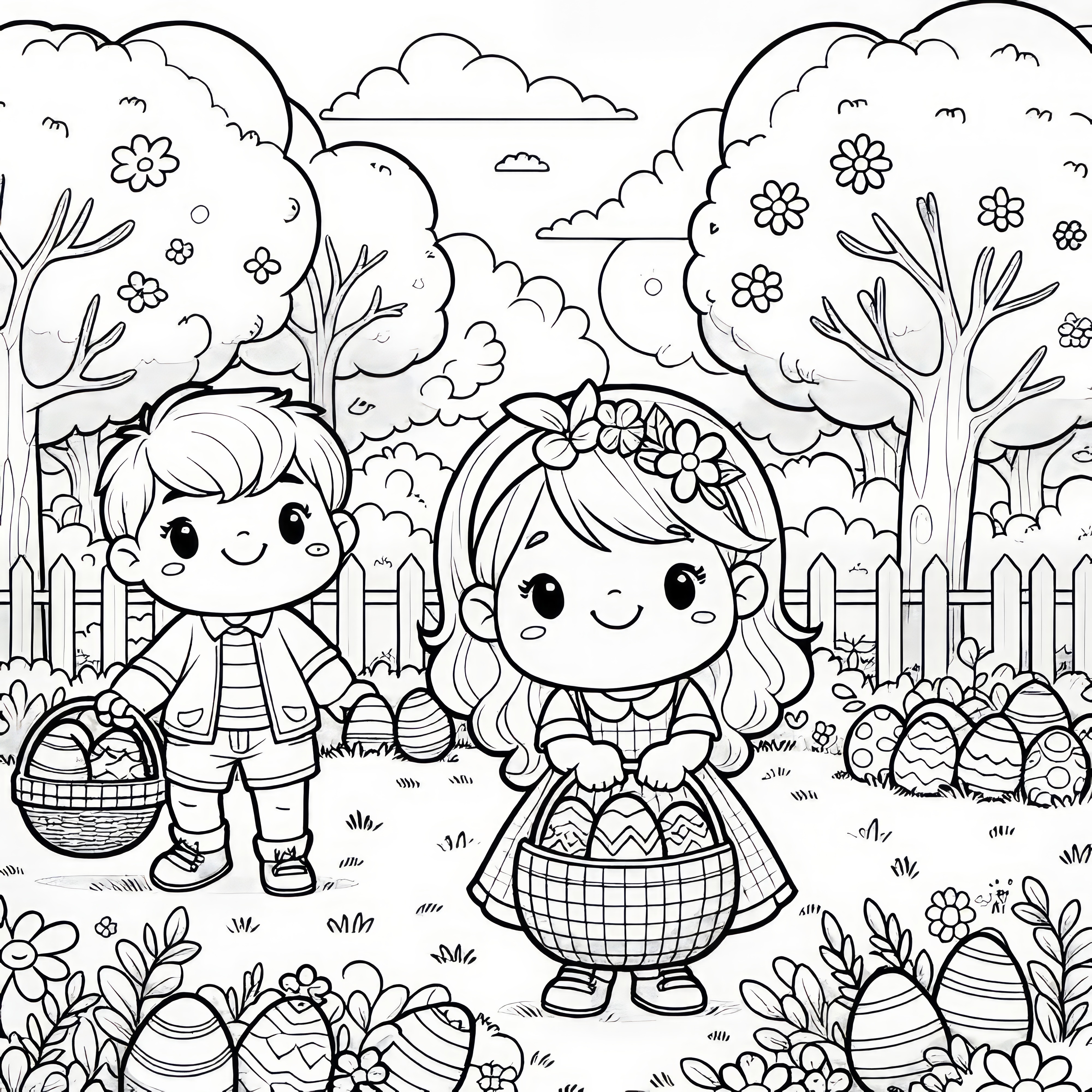 Deux enfants à la recherche d'œufs de Pâques dans le jardin : dessin à colorier à imprimer (gratuit)