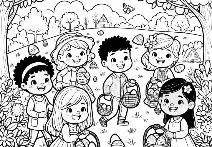 Six enfants cherchent des œufs de Pâques dans le parc: Coloriage gratuit