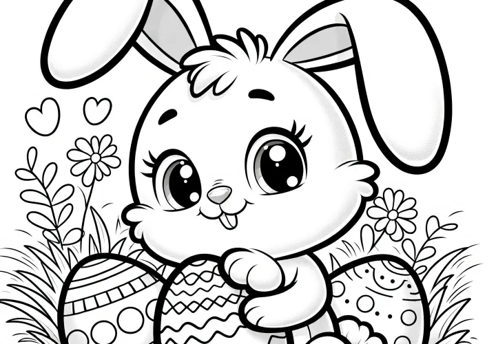 Sweet Easter bunny with big eyes on a flowery meadow: Coloring page with Easter eggs (Free)