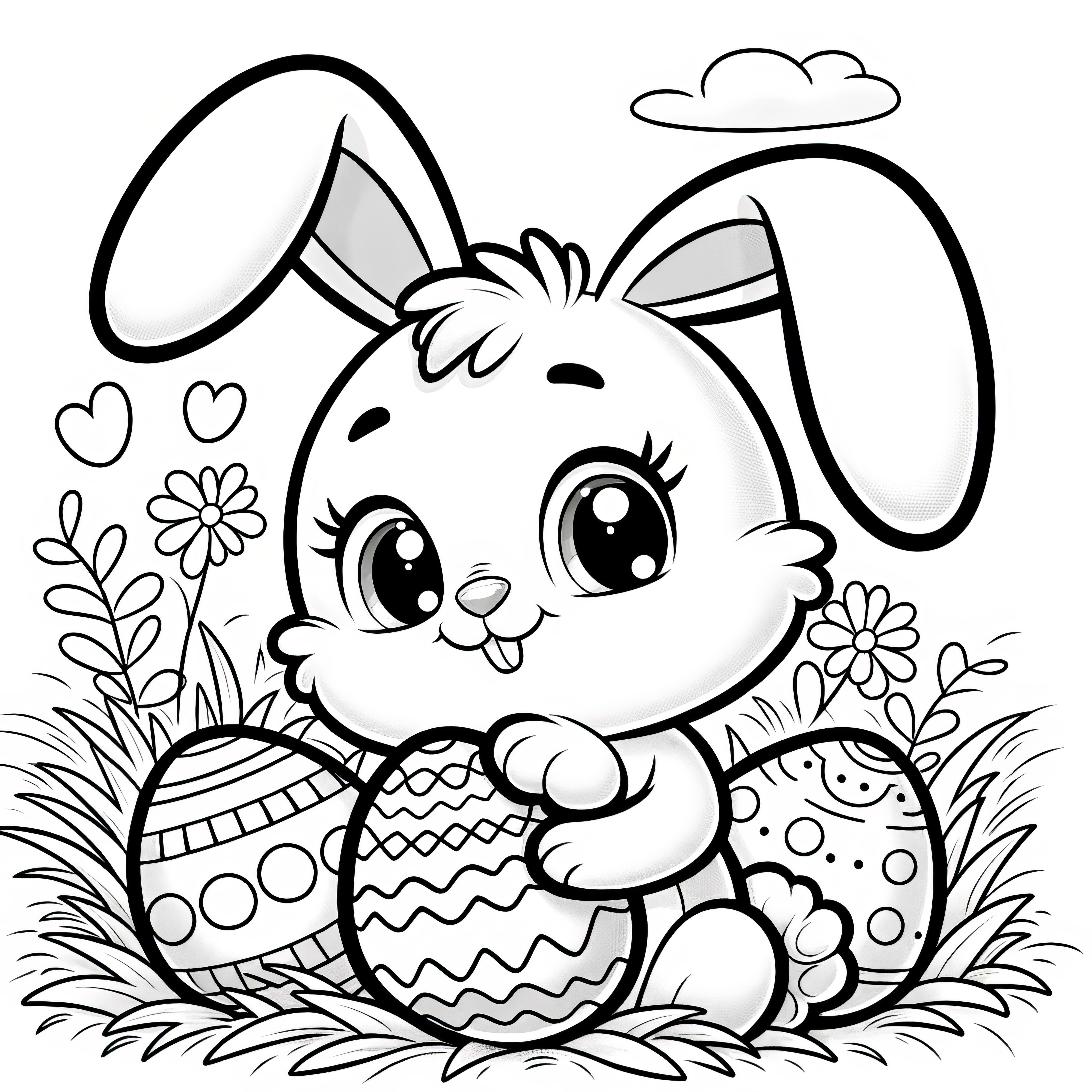 Doux lapin de Pâques avec de grands yeux dans une prairie de fleurs : Coloriage avec des œufs de Pâques (Gratuit)