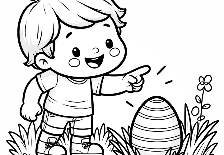 Petit enfant trouve joyeusement un œuf de Pâques: coloriage gratuit