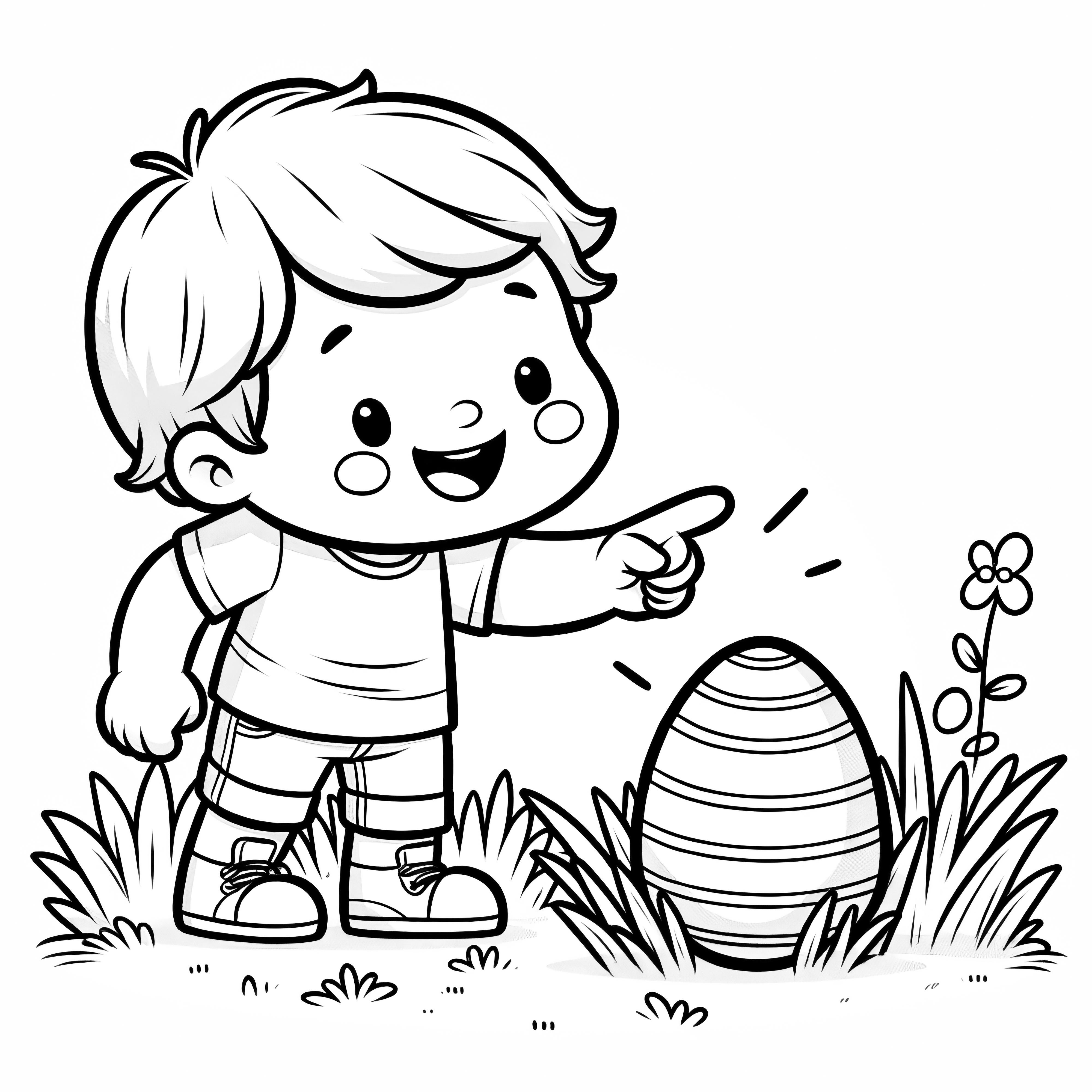 Pequeño niño encuentra alegremente un huevo de Pascua: imagen para colorear gratis