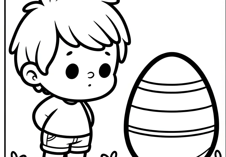 Little child marvels at large Easter egg: Simple coloring page for children (Free)