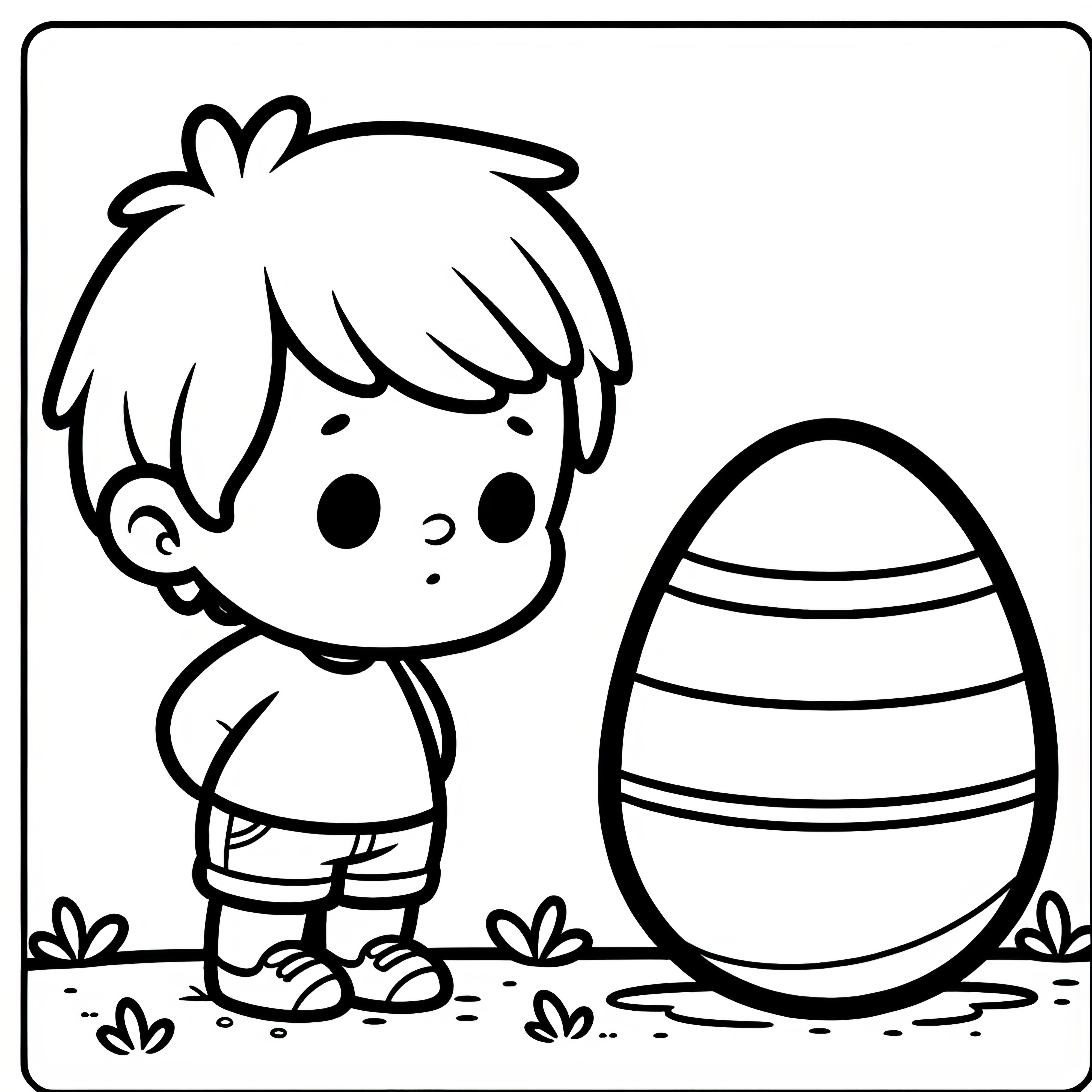 Niño pequeño maravillado con un gran huevo de Pascua: Dibujo para colorear sencillo para niños (Gratis)