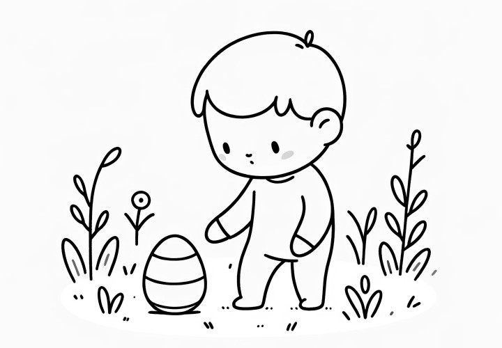 Jeune enfant trouve un œuf de Pâques : Modèle de coloriage simple (gratuit)