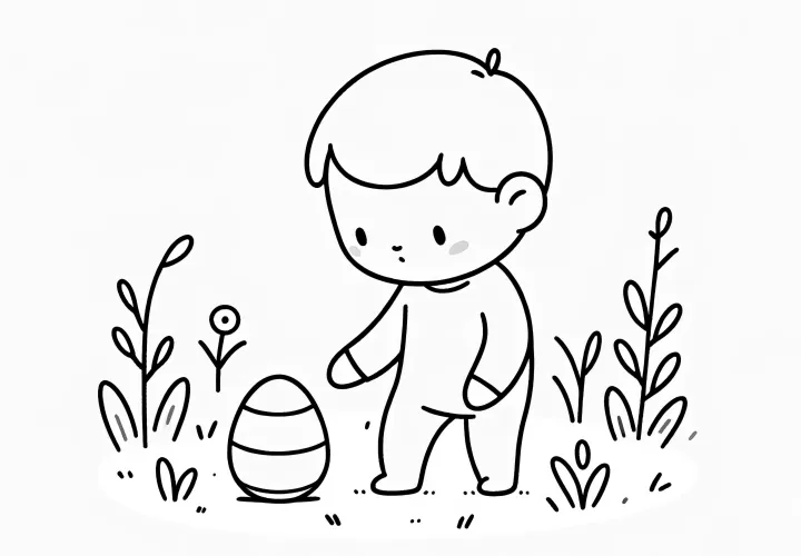 Jeune enfant trouve un œuf de Pâques : Modèle de coloriage simple (gratuit)