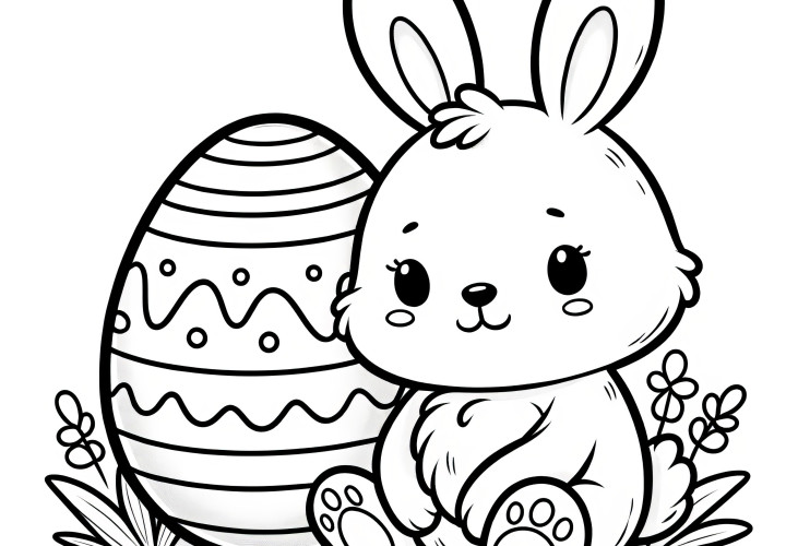 Adorable petit lapin de Pâques à côté d'un œuf de Pâques comme image à colorier (Gratuit)