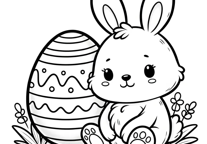 Cute Easter bunny next to Easter egg as a coloring picture (Free)