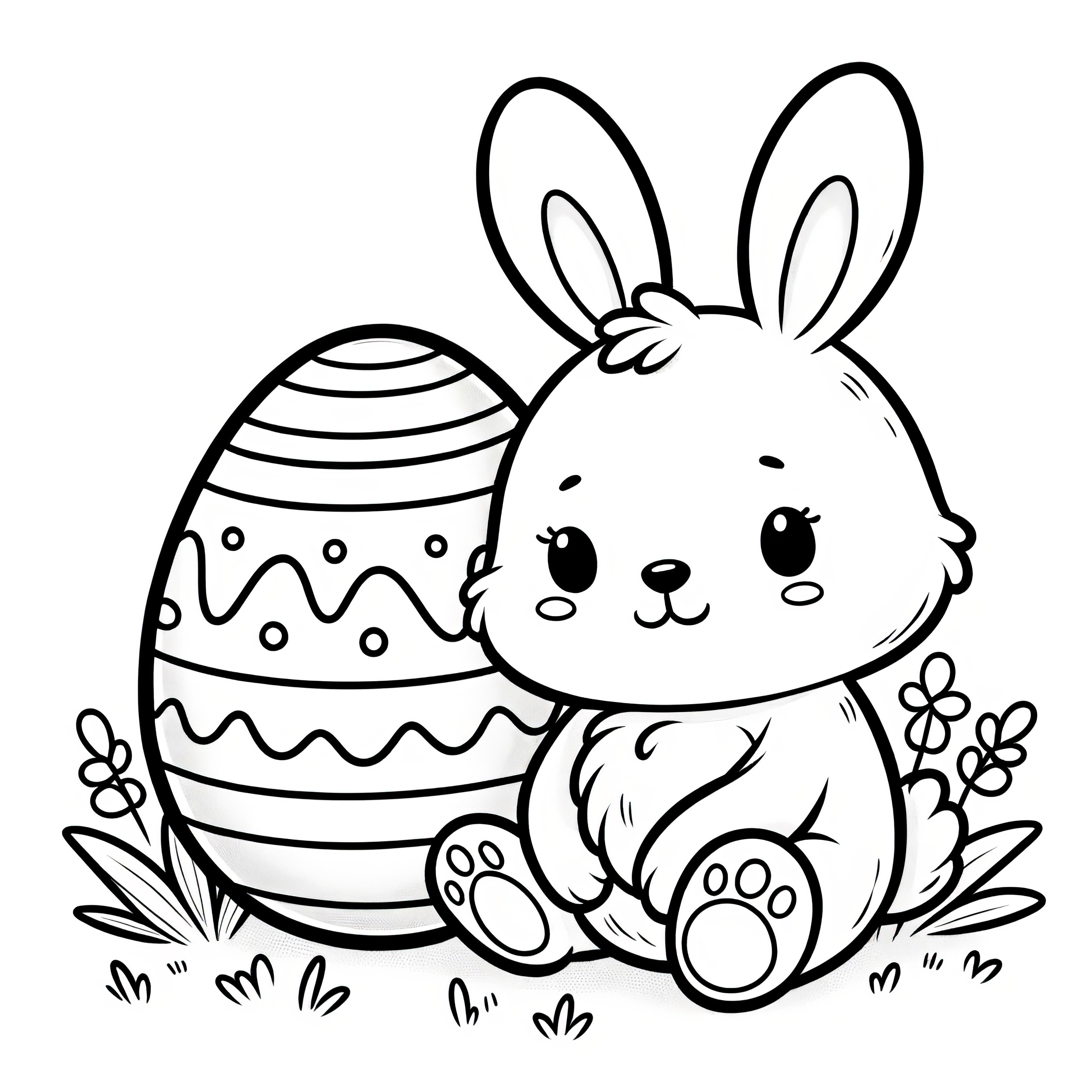 Conejito de Pascua lindo al lado de un huevo de Pascua como dibujo para colorear (Gratis)