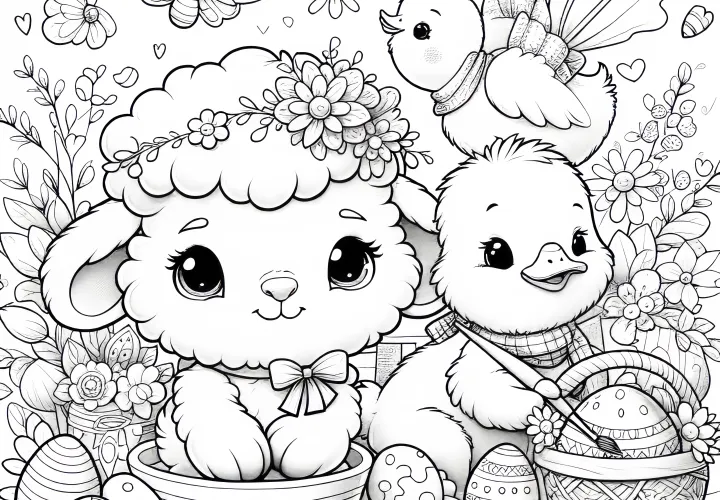 Chick, Easter egg, sheep, and butterflies on a flower meadow: Your coloring picture (Free)