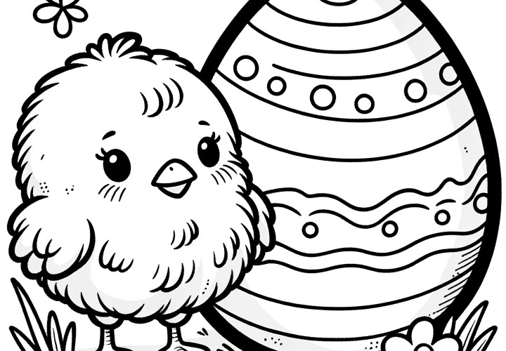 Poussin avec œuf de Pâques : Coloriage simple pour les enfants (Gratuit)