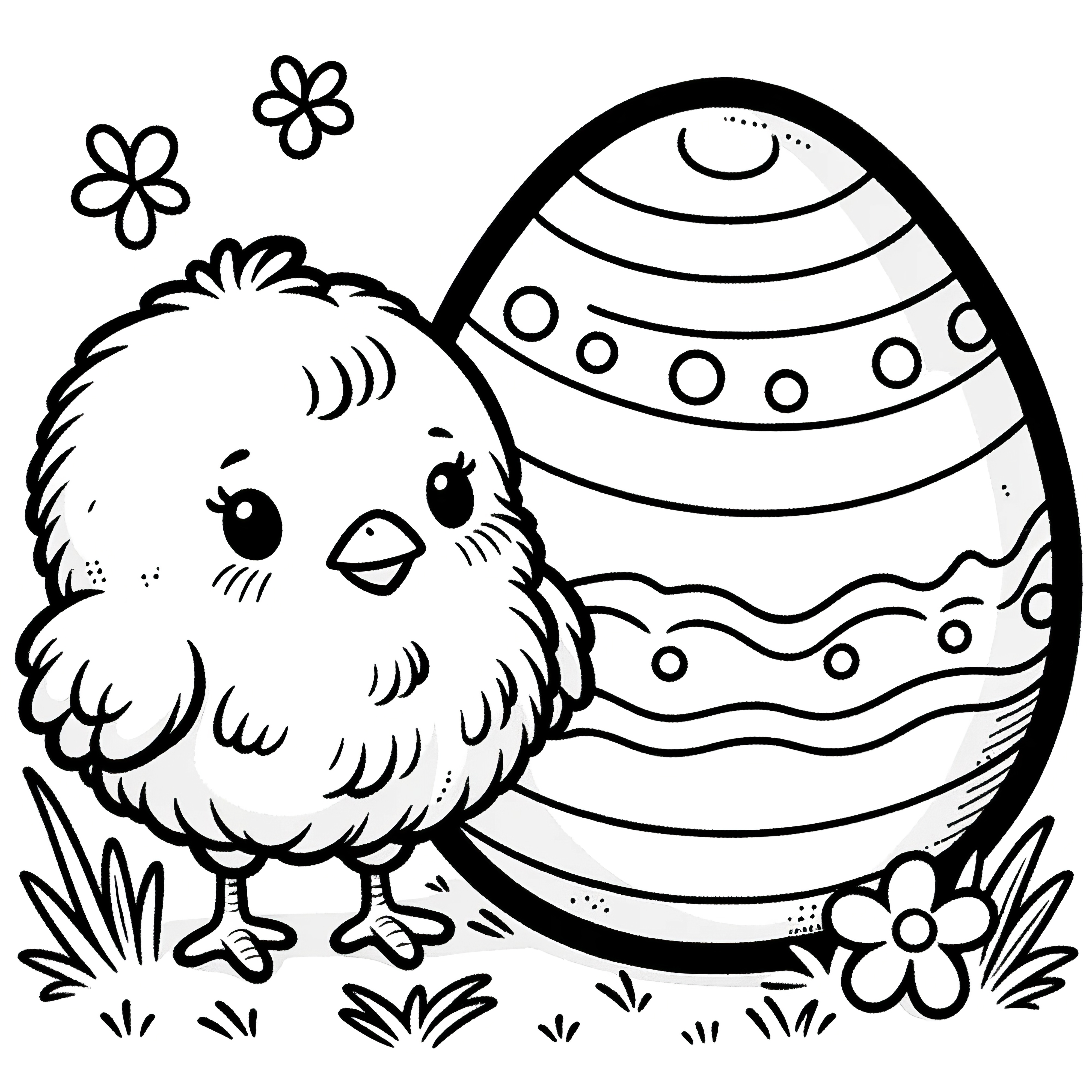 Poussin avec œuf de Pâques : Coloriage simple pour enfants (Gratuit)