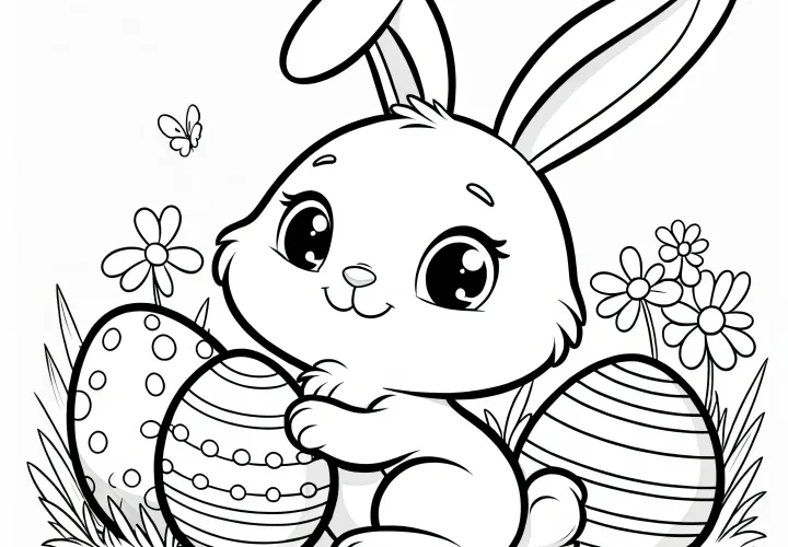 Mignon lapin de Pâques avec des œufs de Pâques dans un pré fleuri : Coloriage gratuit