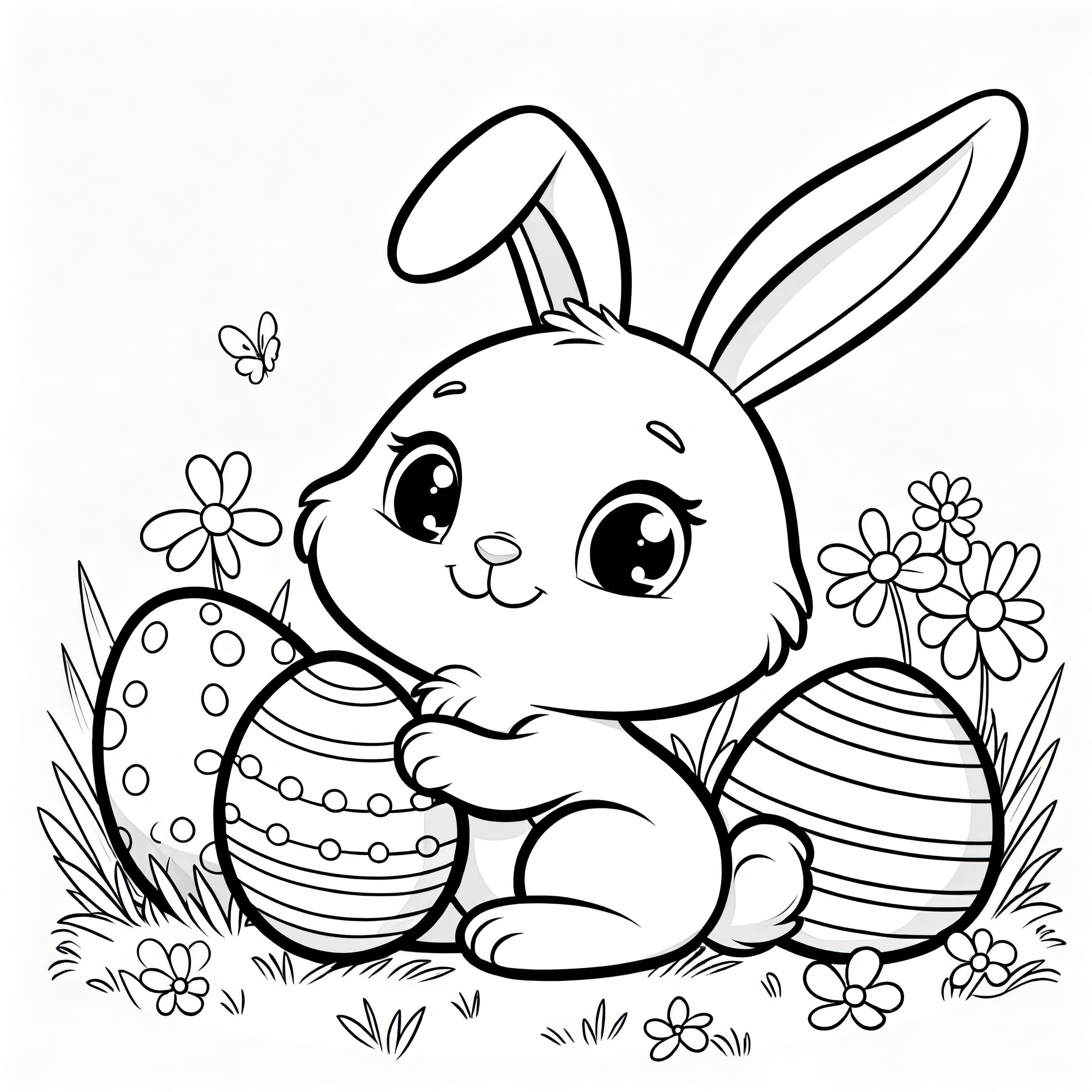 Mignon lapin de Pâques avec des œufs de Pâques dans un champ de fleurs : Coloriage gratuit