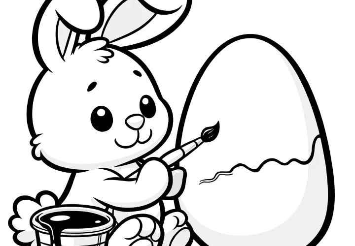 Friendly Easter bunny paints Easter egg: Simple coloring template (Free)