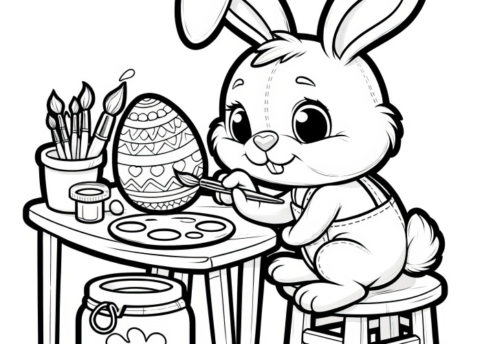 Le lapin de Pâques peint diligemment des œufs de Pâques sur la table : coloriage pour enfants (gratuit)