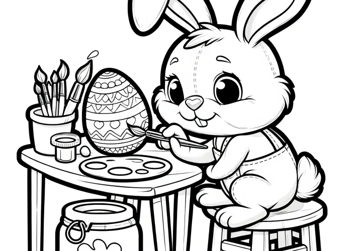 Easter bunny eagerly paints Easter eggs at the table: Coloring picture for children (Free)