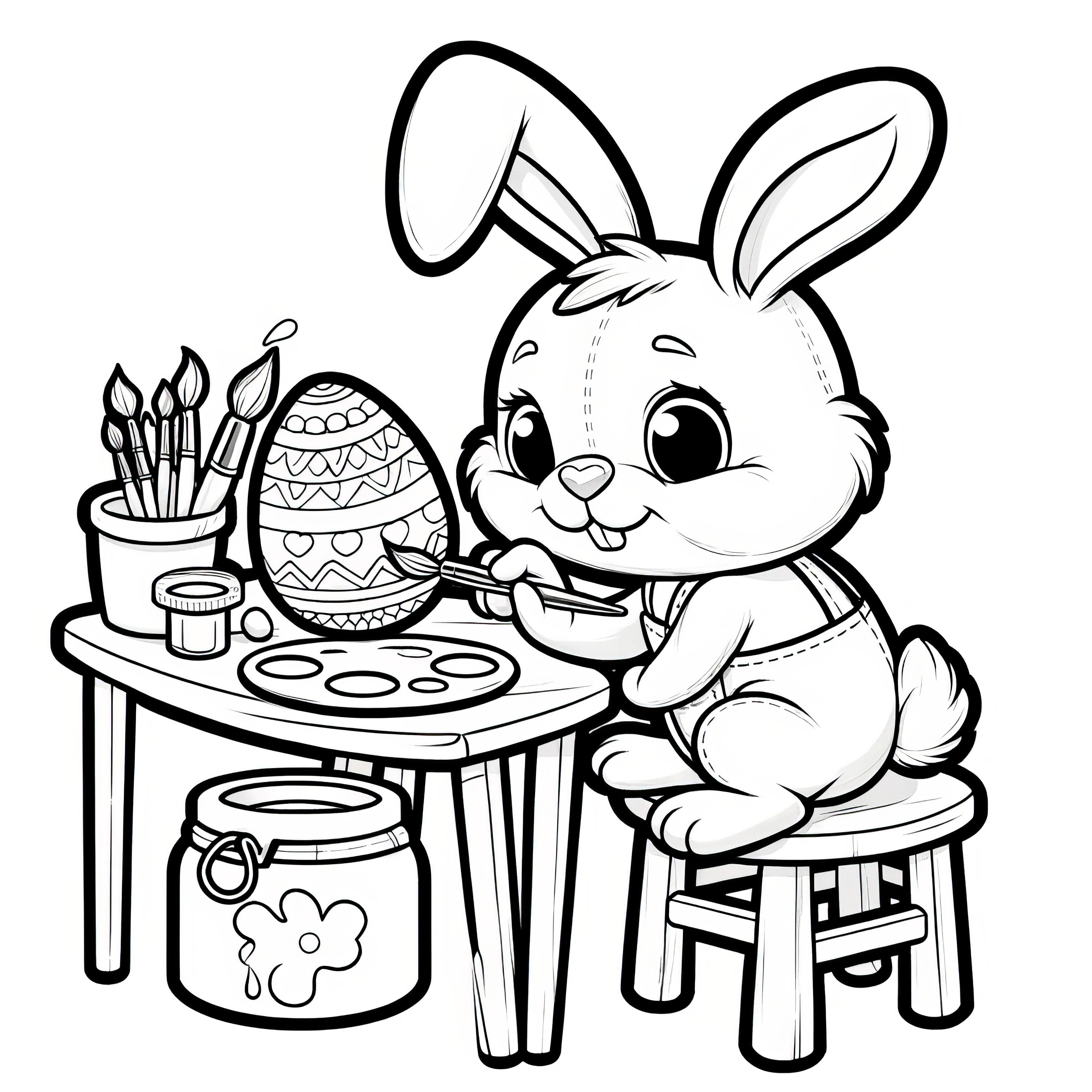 Le lapin de Pâques peint soigneusement des œufs de Pâques sur la table : Coloriage pour enfants (Gratuit)