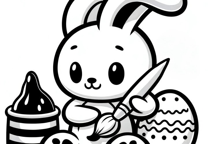 Un mignon lapin de Pâques peint des œufs de Pâques : Modèle de coloriage simple à télécharger (Gratuit)