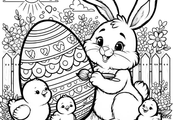 Lapin de Pâques avec des poussins moelleux et un gros œuf de Pâques dans le jardin : Coloriage (gratuit)