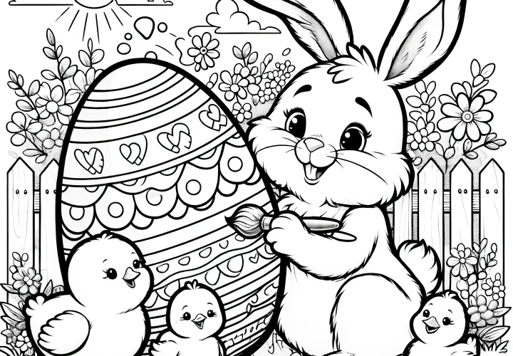 Easter bunny with fluffy chicks and a big Easter egg in the garden: Coloring picture (free)