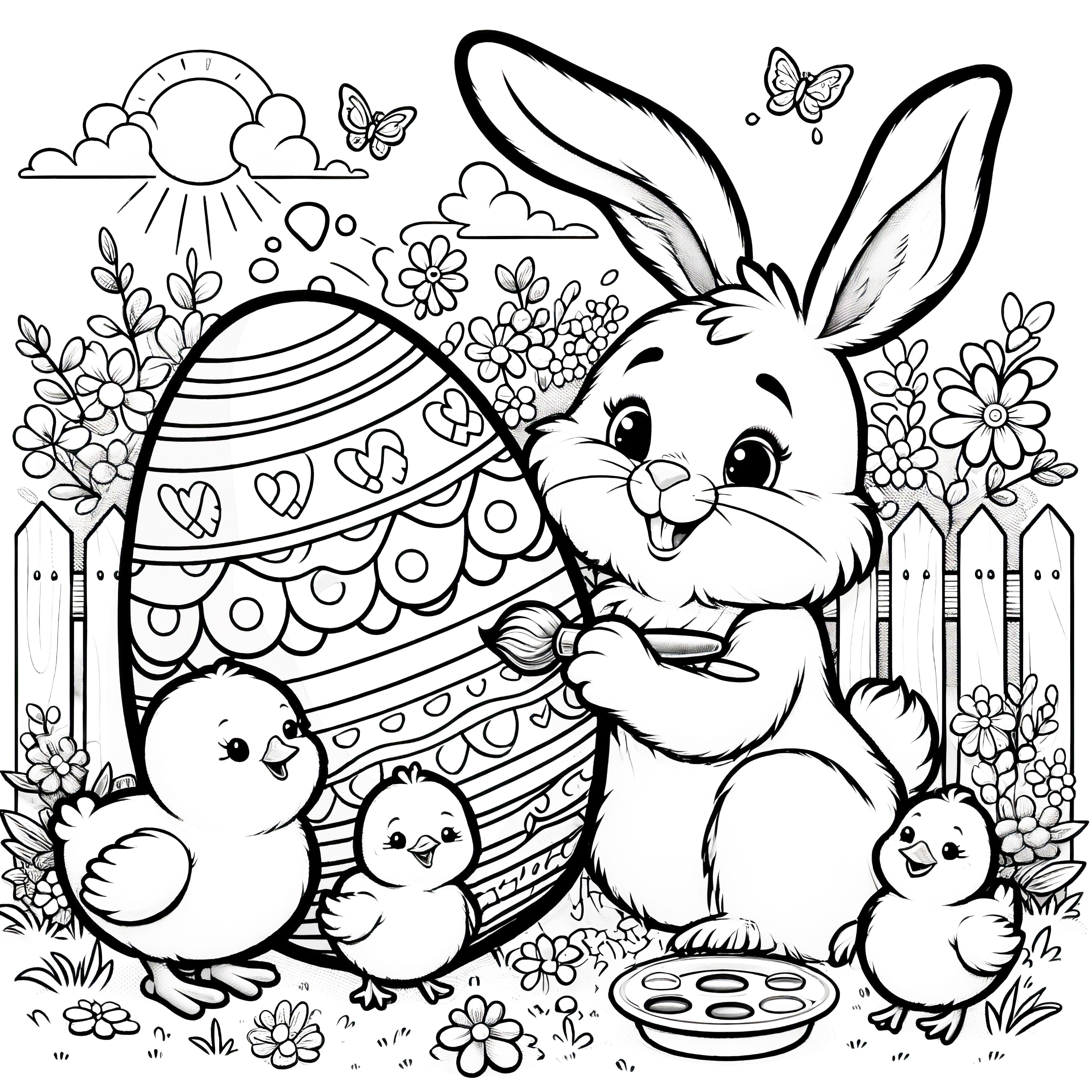 Lapin de Pâques avec de petits poussins moelleux et un grand œuf de Pâques dans le jardin : coloriage (gratuit)