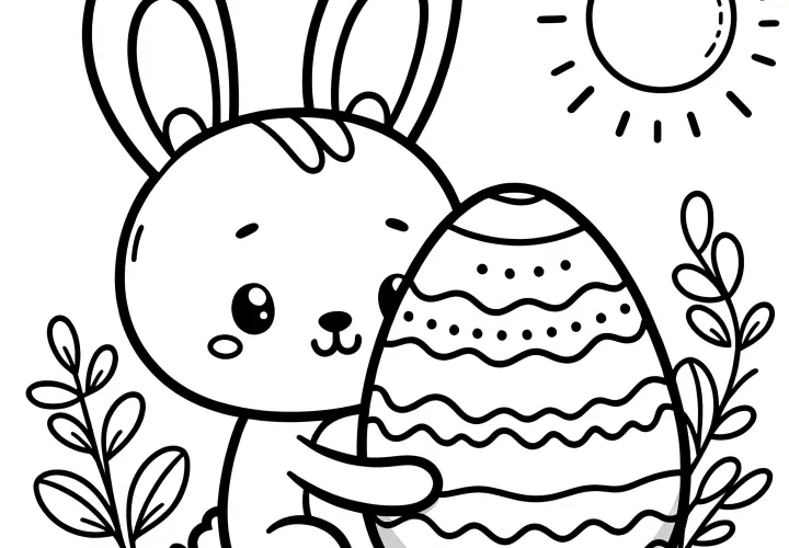 Cute Easter bunny with Easter egg and sun: Simple coloring template for children (free)