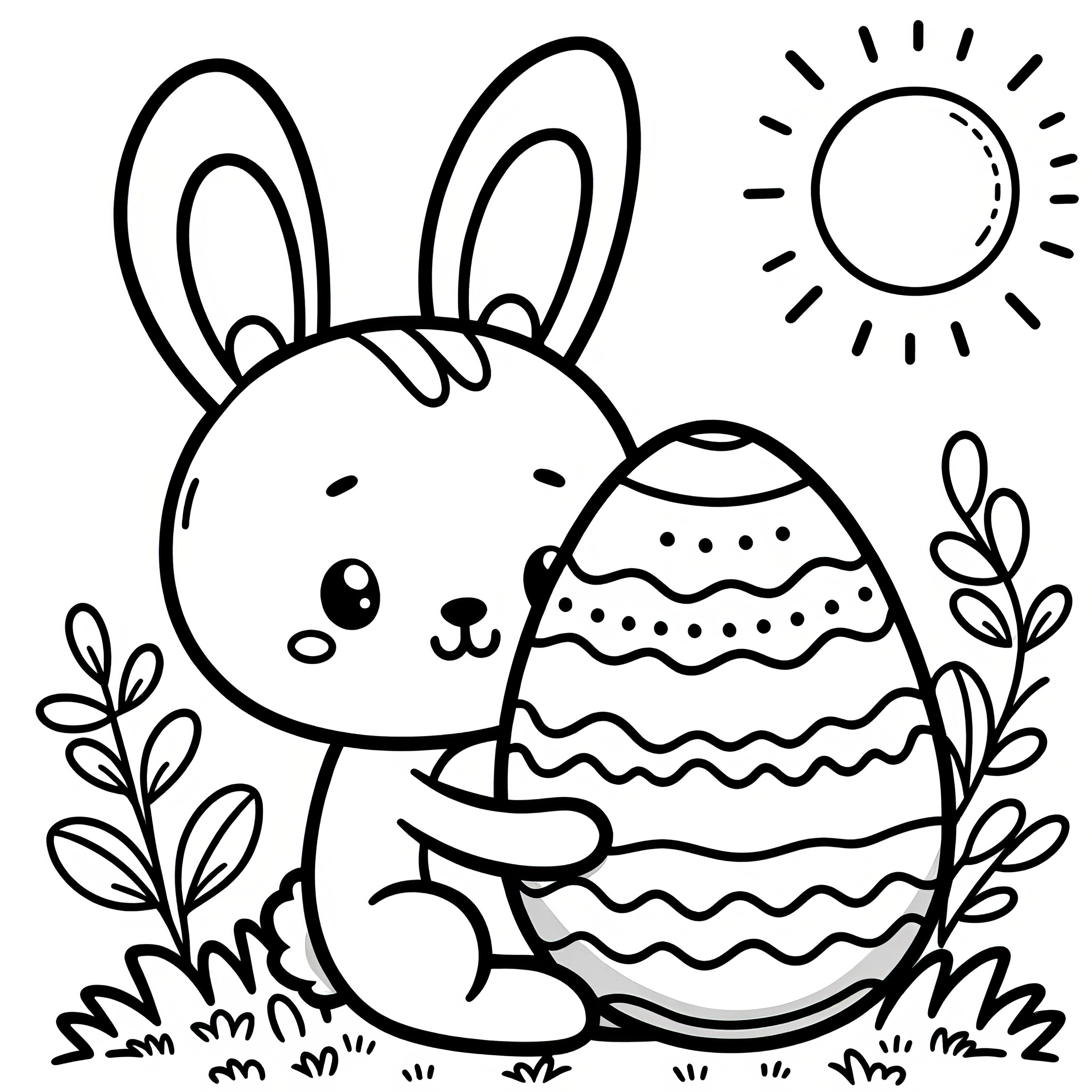 Adorable lapin de Pâques avec œuf de Pâques et soleil : Coloriage simple pour enfants (Gratuit)