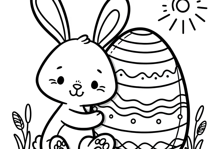 Happy Easter bunny with a huge Easter egg: coloring page for children to download (free)