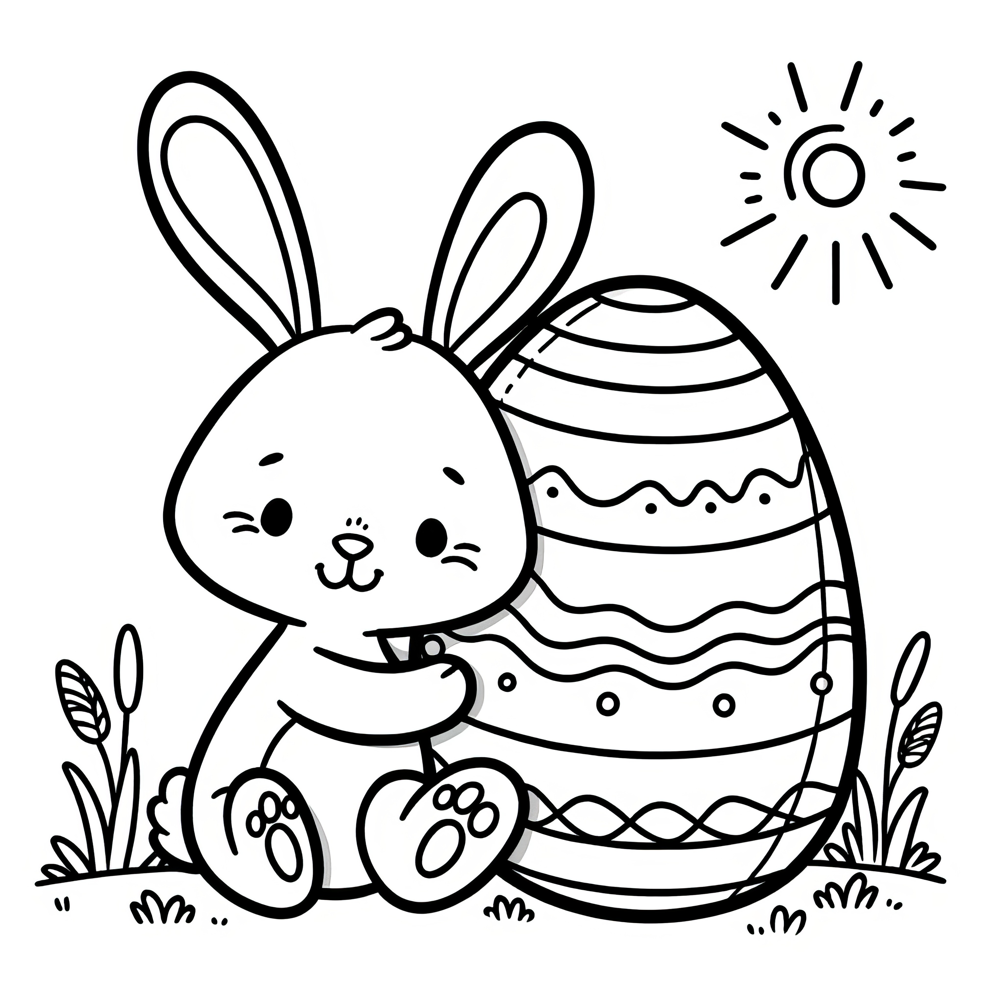 Joyeux lapin de Pâques avec un œuf de Pâques géant : coloriage à télécharger pour les enfants (gratuit)