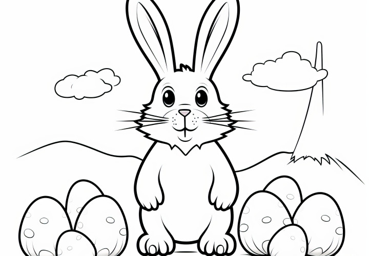 Le lapin de Pâques est étonné par de nombreux œufs de Pâques à peindre : coloriage à télécharger (gratuit)