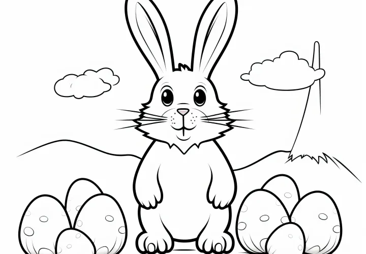 Easter bunny is amazed by the many Easter eggs to paint: Coloring picture to download (Free)