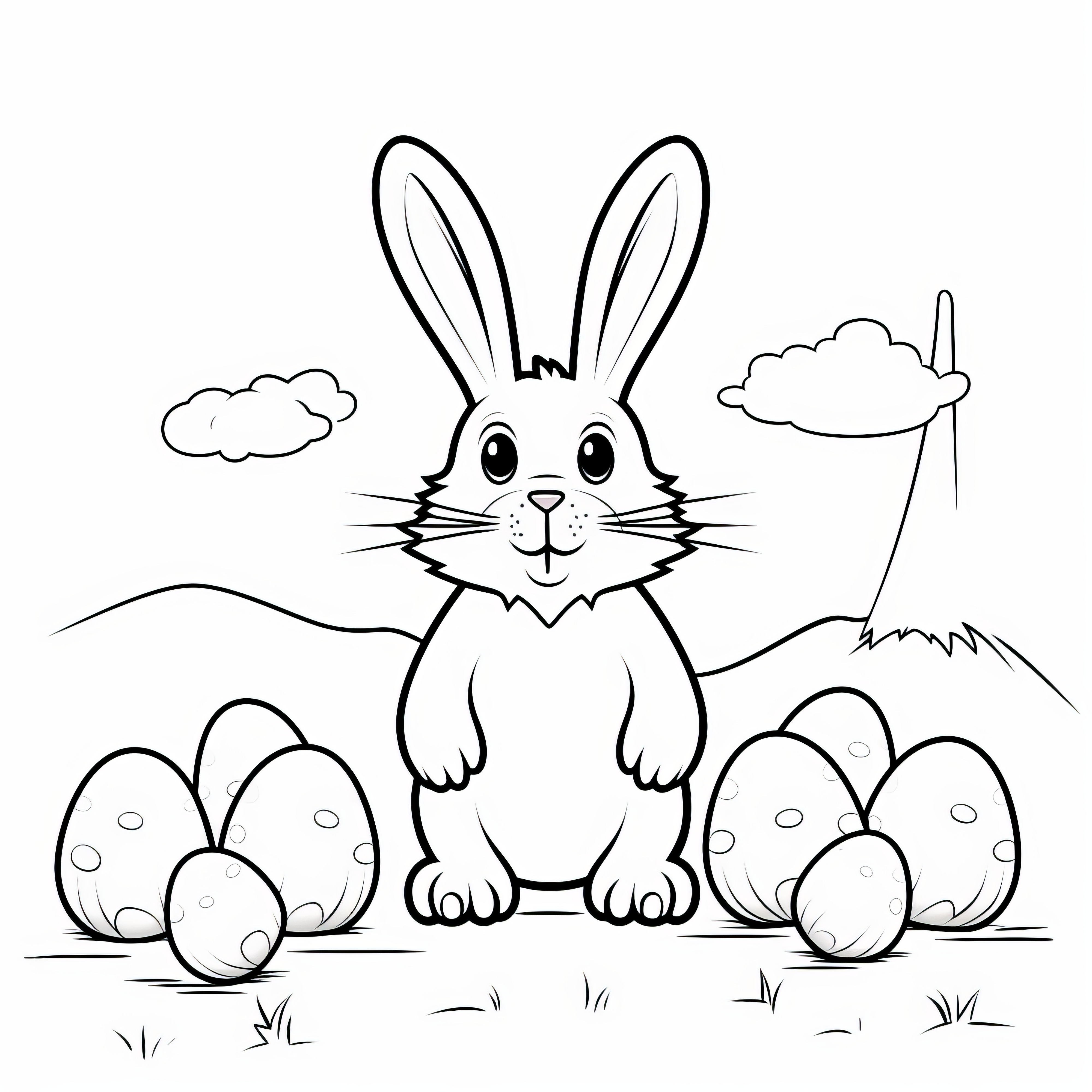 Le lapin de Pâques est étonné par beaucoup d'œufs de Pâques à peindre : Image à colorier à télécharger (gratuitement)