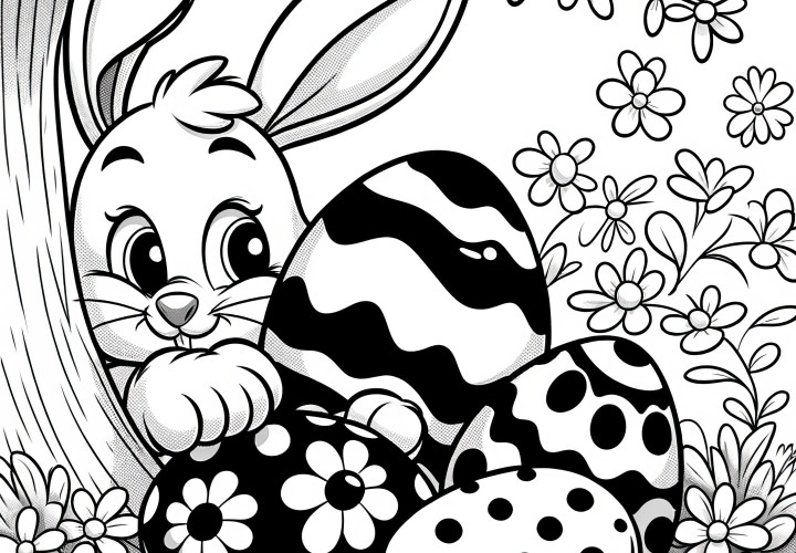 Le lapin de Pâques se cache derrière les œufs de Pâques : Coloriage à télécharger (Gratuit)