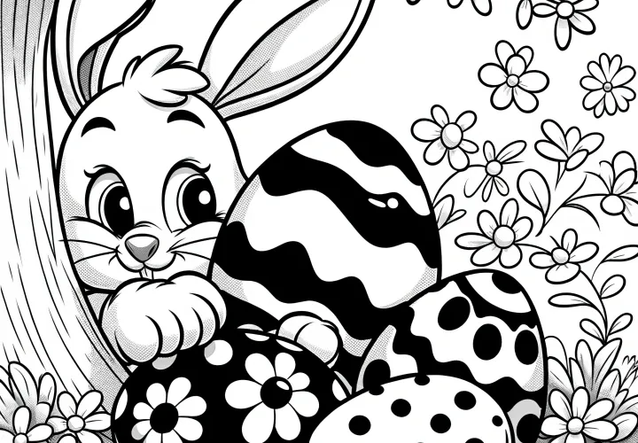 Easter bunny hides behind Easter eggs: Coloring page for download (Free)