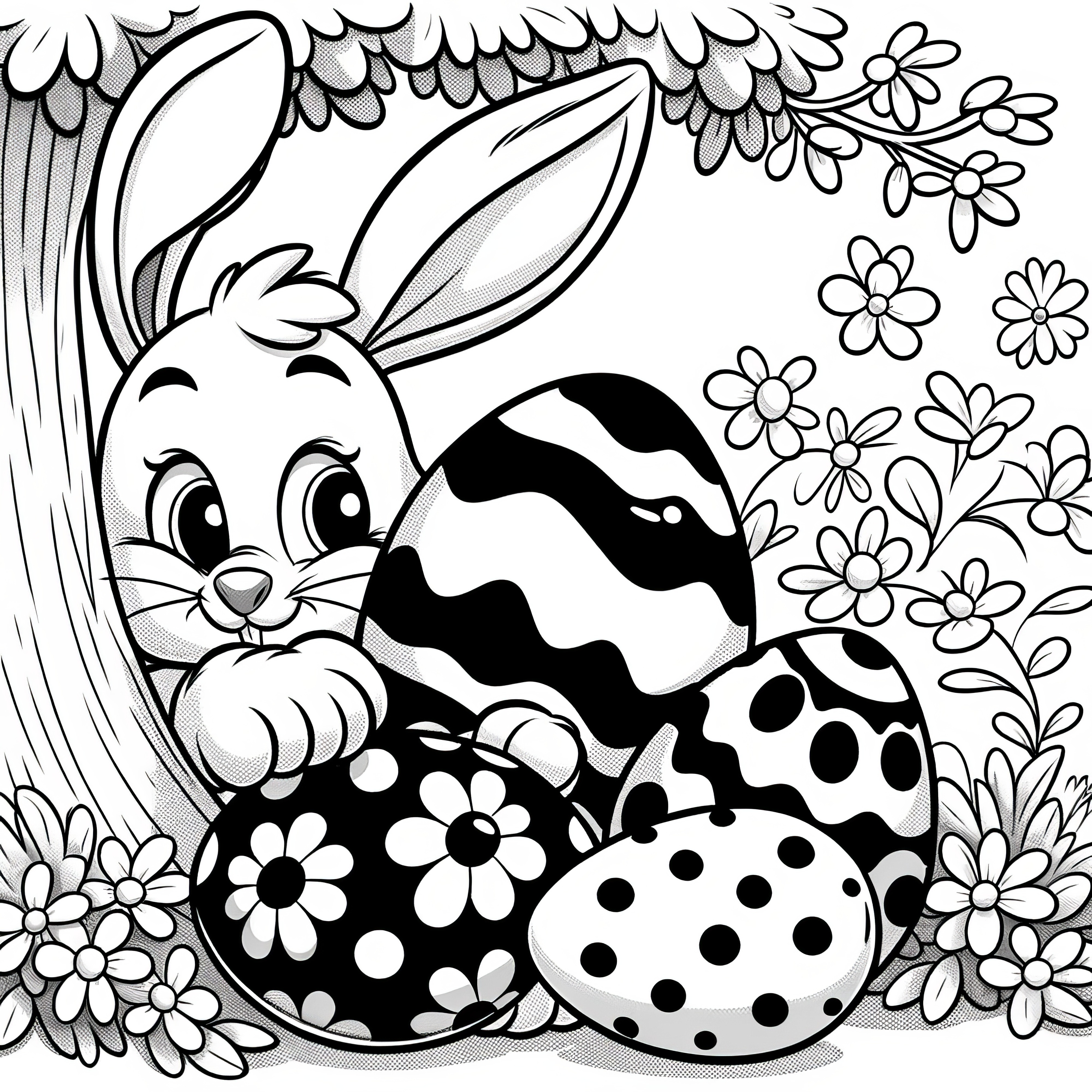 Le lapin de Pâques se cache derrière les œufs de Pâques : Coloriage à télécharger (gratuit)