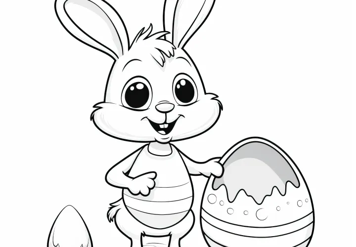 Easter bunny with broken Easter egg: Coloring picture for download (Free)